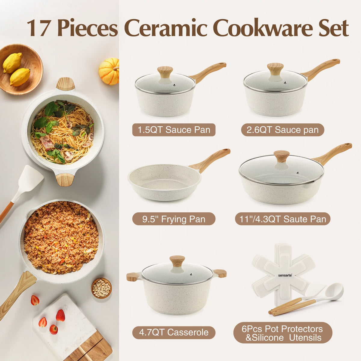 17 Piece White Ceramic Nonstick Cookware Set W3978
