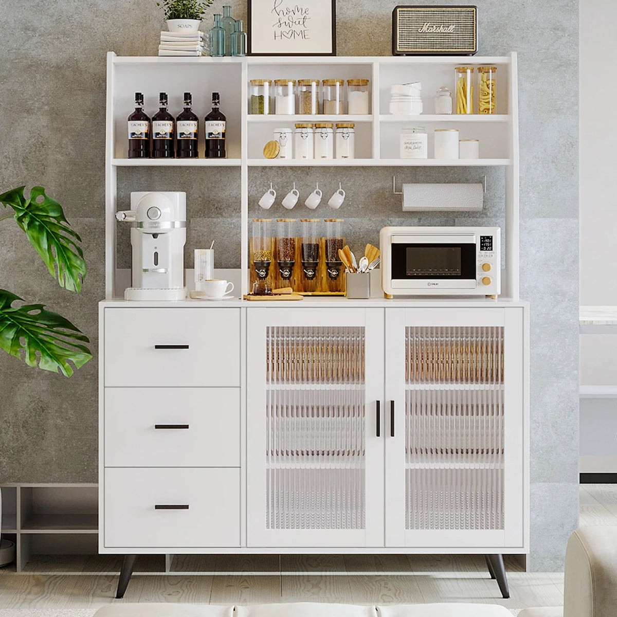 White Kitchen Hutch Storage Cabinet with Glass Doors and 3 Drawers F2244