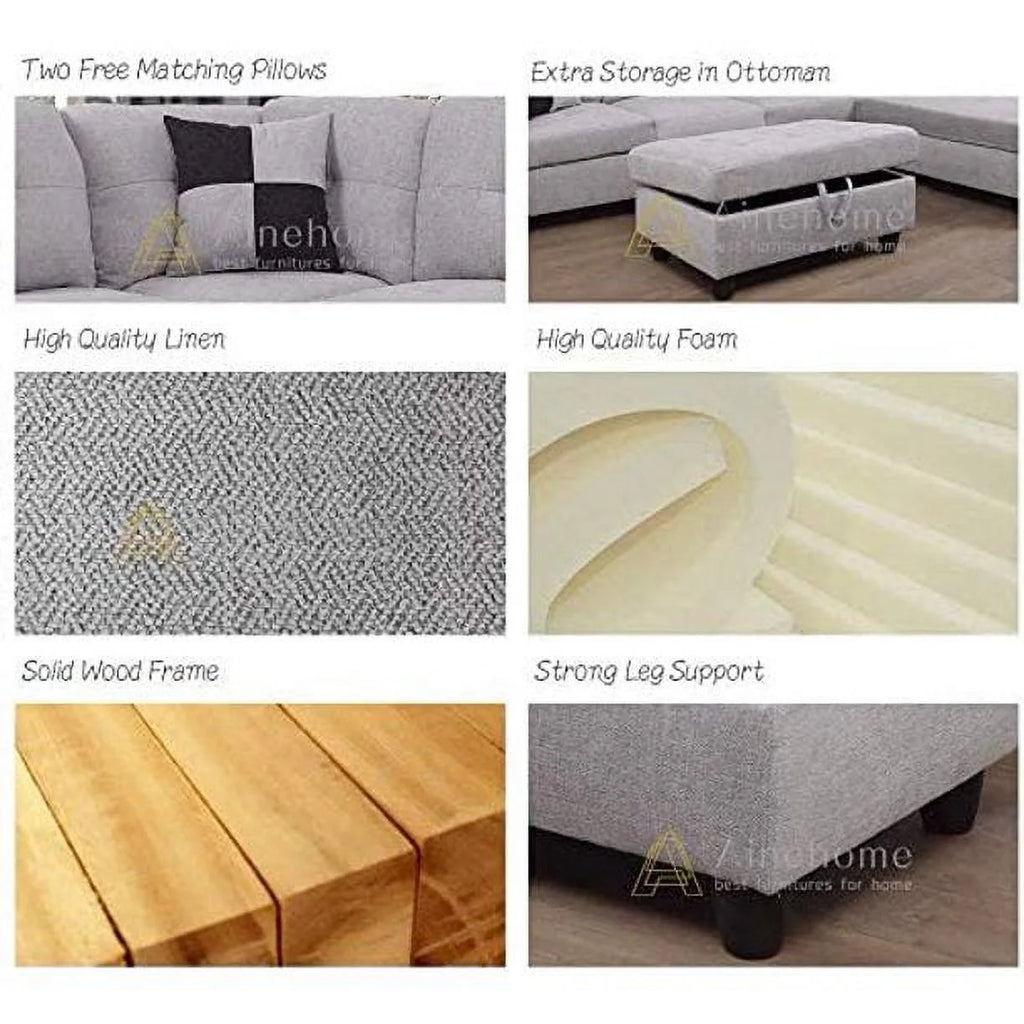 Grey White Right Hand Facing Sofa & Chaise with Ottoman U551