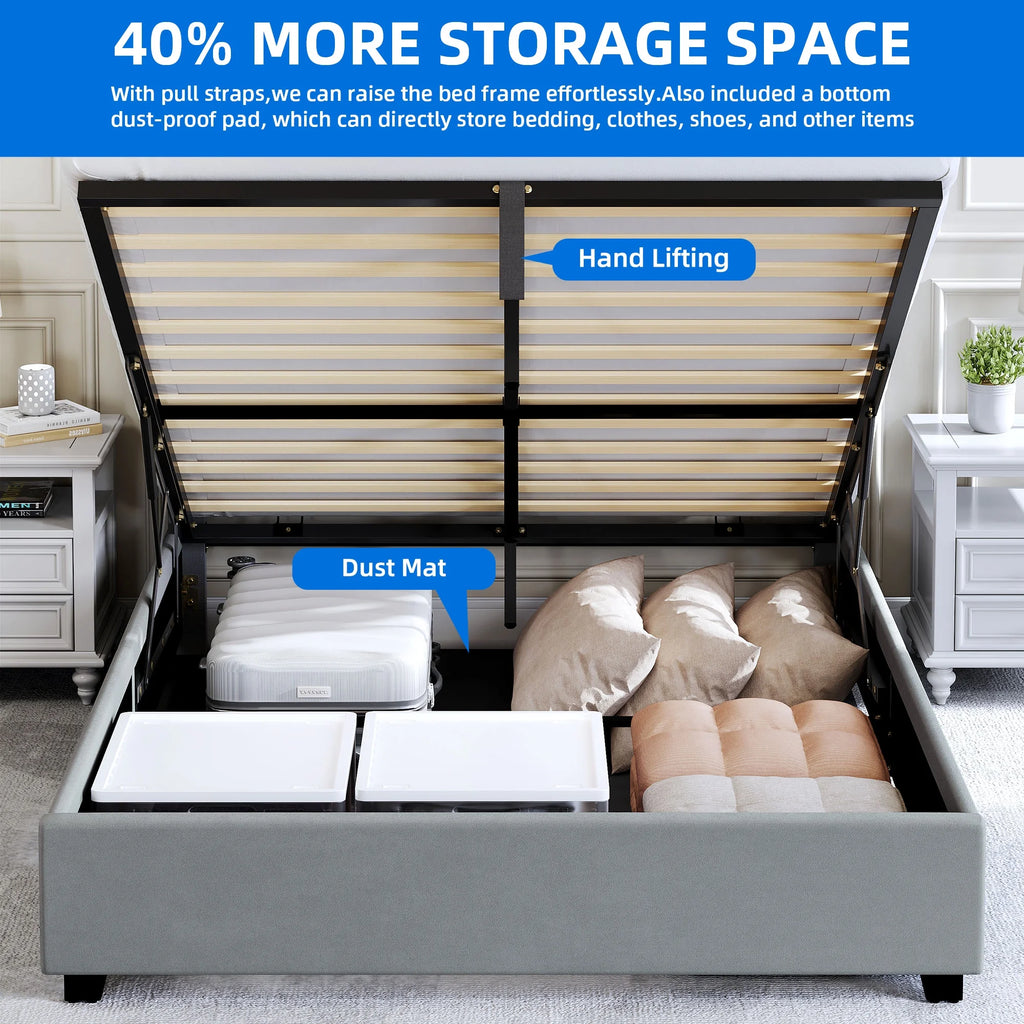 King Lift Up Storage Velvet Upholstered Platform Bed Frame E59453