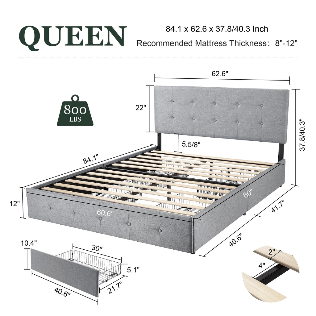 Queen Size Platform Bed Frame with Headboard and 4 Storage Drawers W861