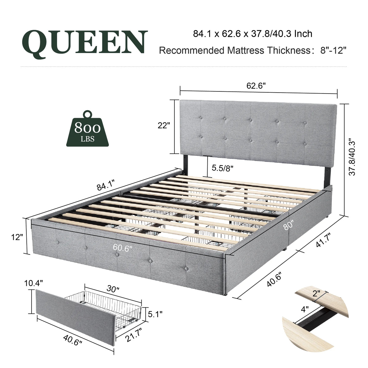 Queen Size Platform Bed Frame with Headboard and 4 Storage Drawers W861