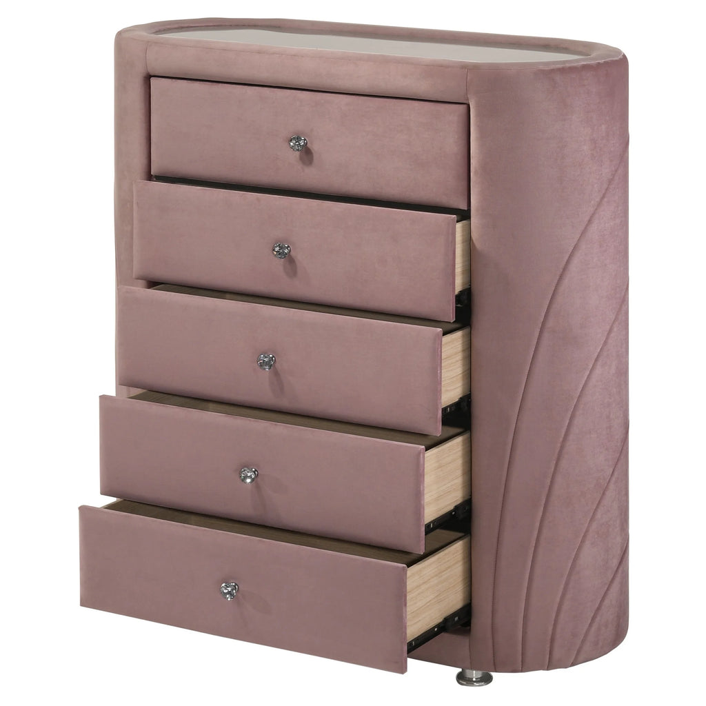 Pink 5 Drawer Velvet Upholstery Chest with Mirror I92524