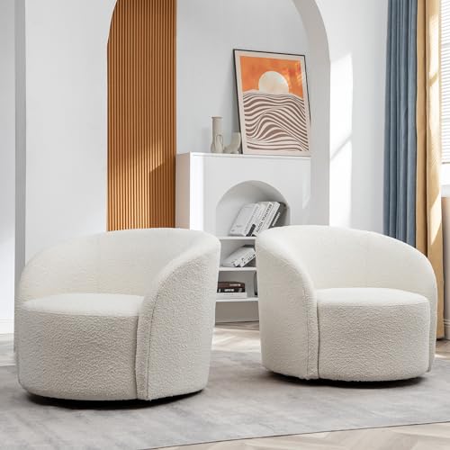 Cream Boucle Swivel Barrel Chair with Round Ottoman Set I670973