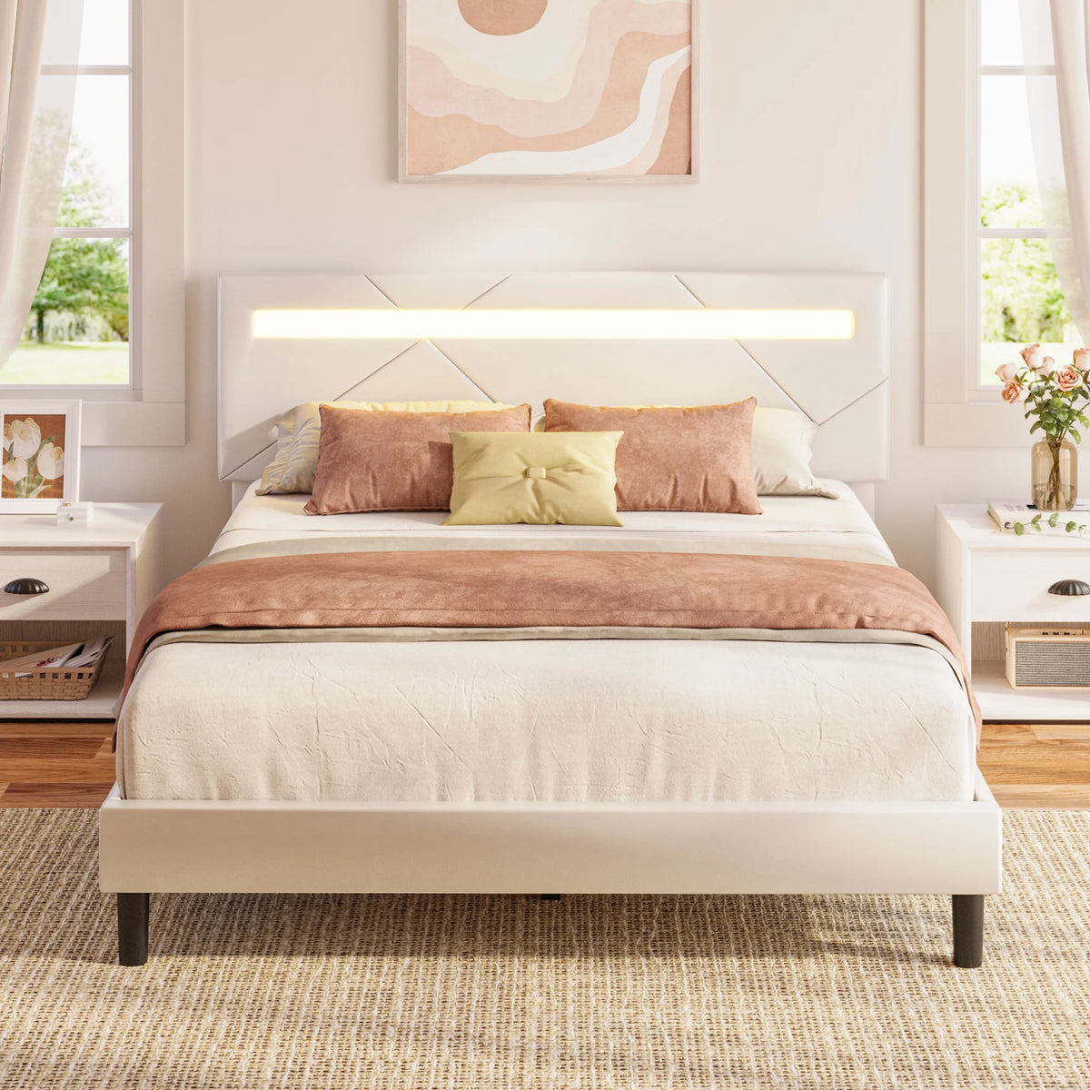 Twin Bed Frame with LED Lights and Adjustable Upholstered Headboard J14165