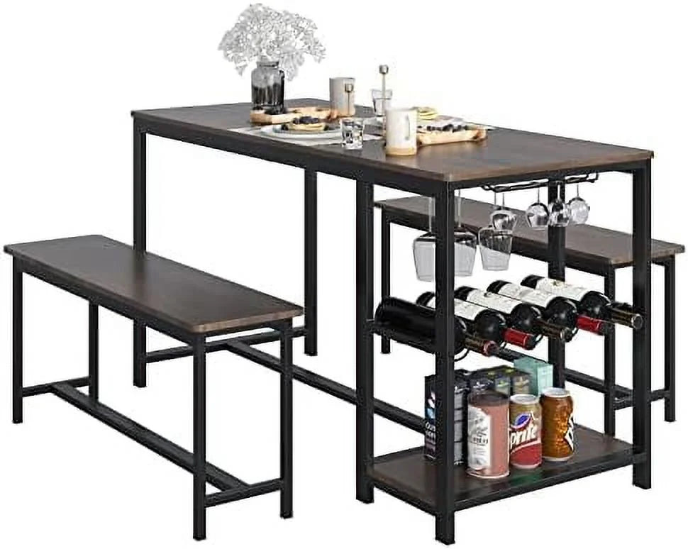 3-Piece Rustic Wood Dining Table Set with Benches T539553