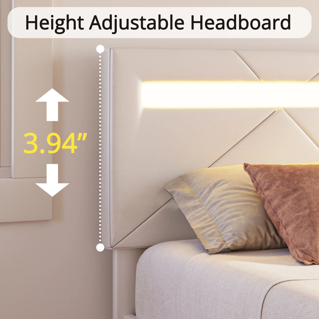 Twin Bed Frame with LED Lights and Adjustable Upholstered Headboard J14165
