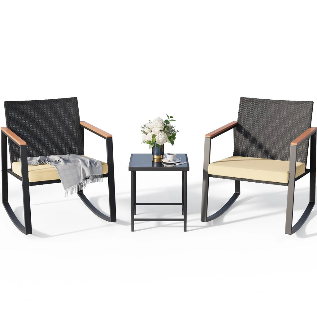 3 Pieces Patio Rocking Chairs Set with Glass Coffee Table T48977