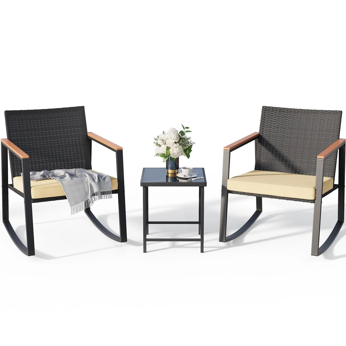 3 Pieces Patio Rocking Chairs Set with Glass Coffee Table T48977
