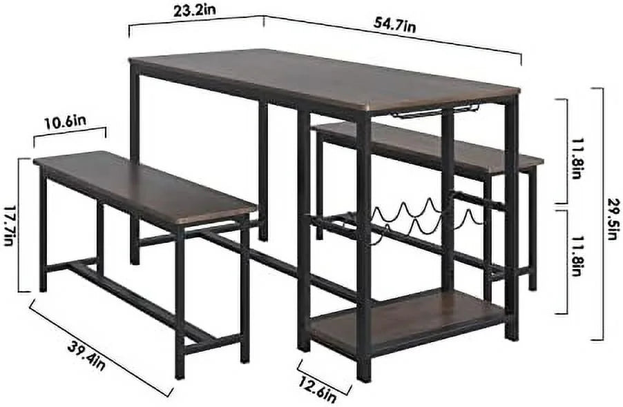 3-Piece Rustic Wood Dining Table Set with Benches T539553