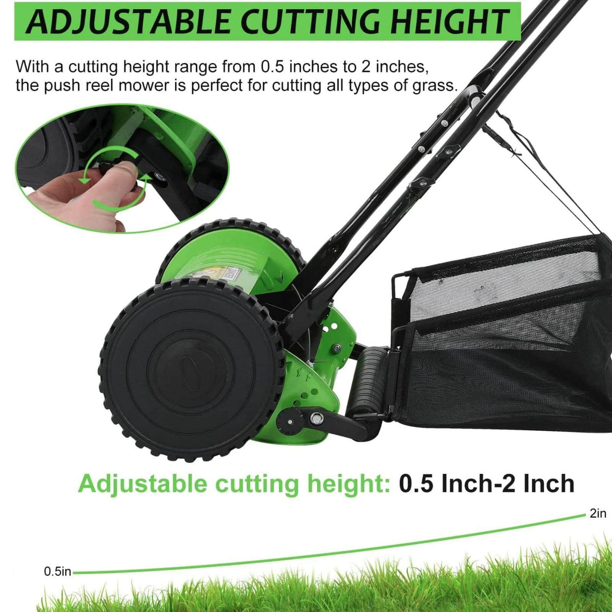 2 Wheels Push Lawn Mower 15-inch Adjustable Walk-Behind with Grass Catcher G929