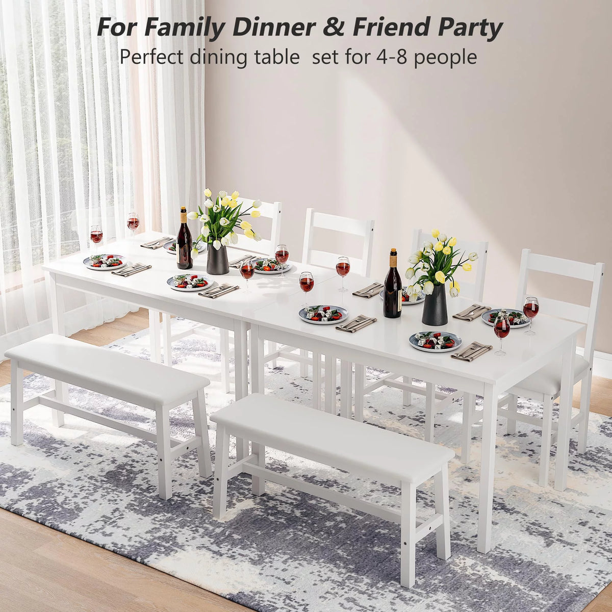 White 4 Piece Wood Dining Table Set with Chairs and Bench J97958