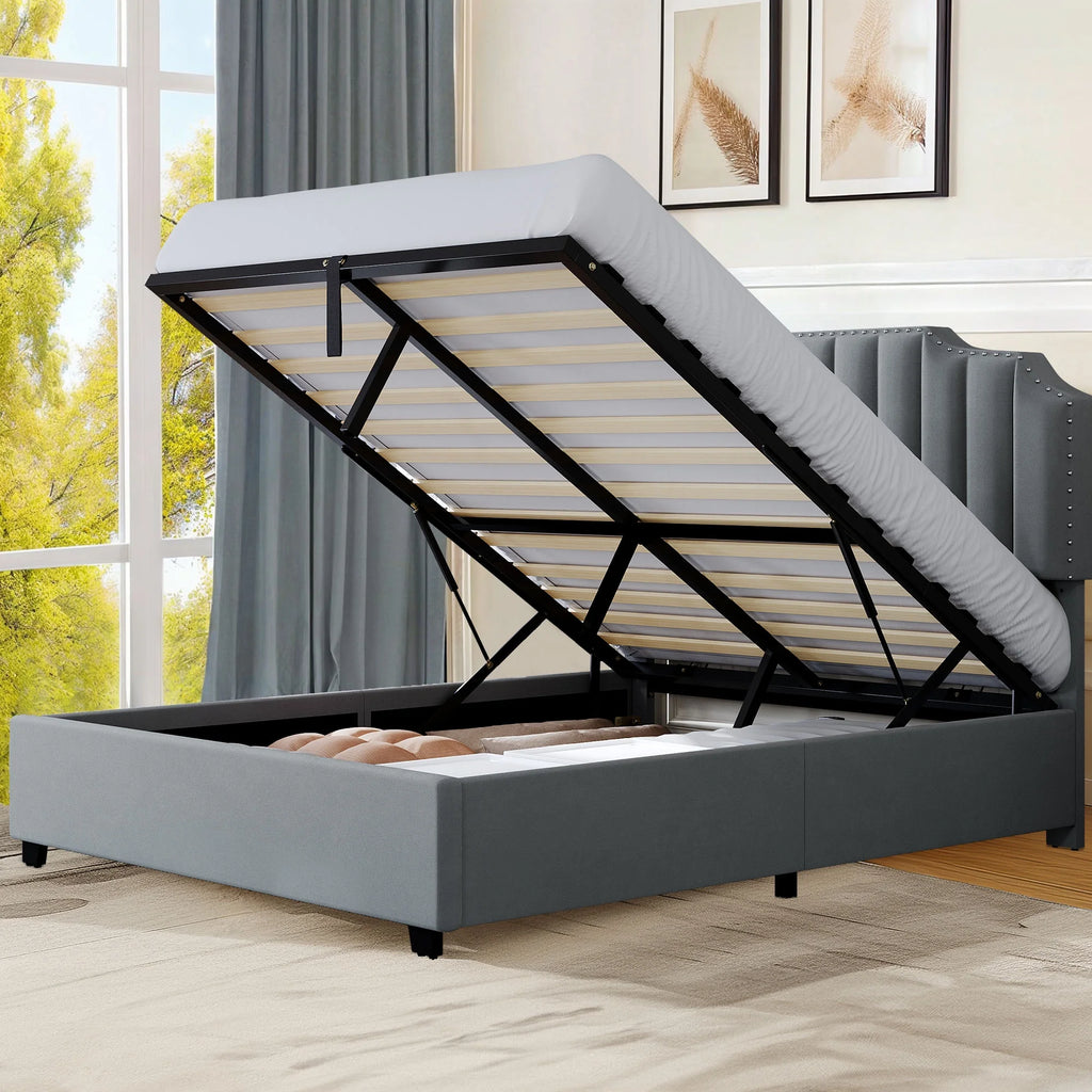 King Lift Up Storage Velvet Upholstered Platform Bed Frame E59453