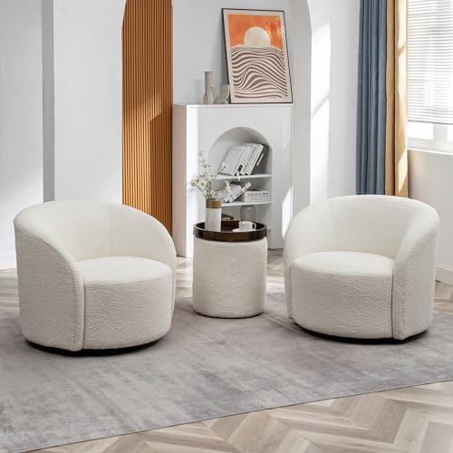 Cream Boucle Swivel Barrel Chair with Round Ottoman Set I670973