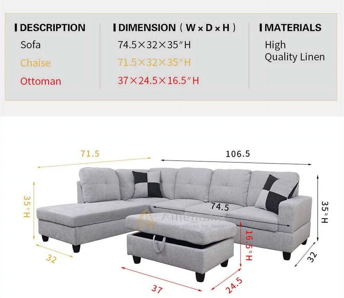Grey White Right Hand Facing Sofa & Chaise with Ottoman U551