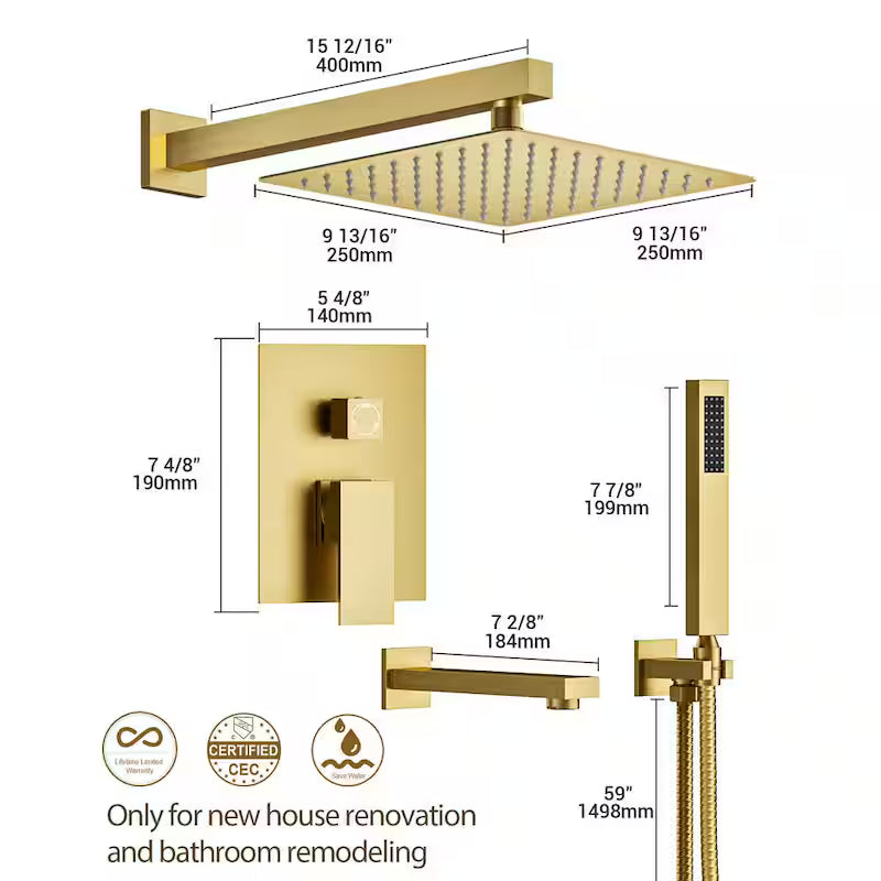 10 in. Wall Mount Shower Head and Tub Faucet 2.5 GPM Brushed Gold E720