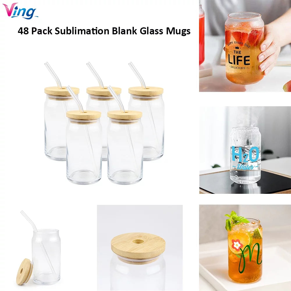 48 Pack 16oz Clear Glass Mug with Bamboo Lid and Glass Straw W2820