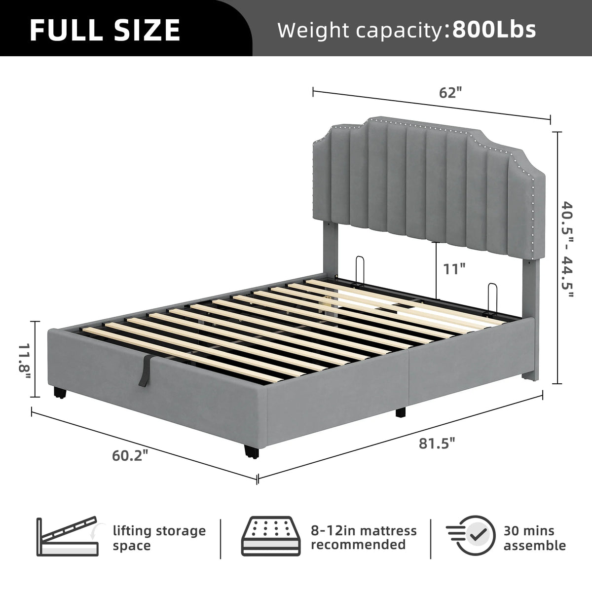 King Lift Up Storage Velvet Upholstered Platform Bed Frame E59453