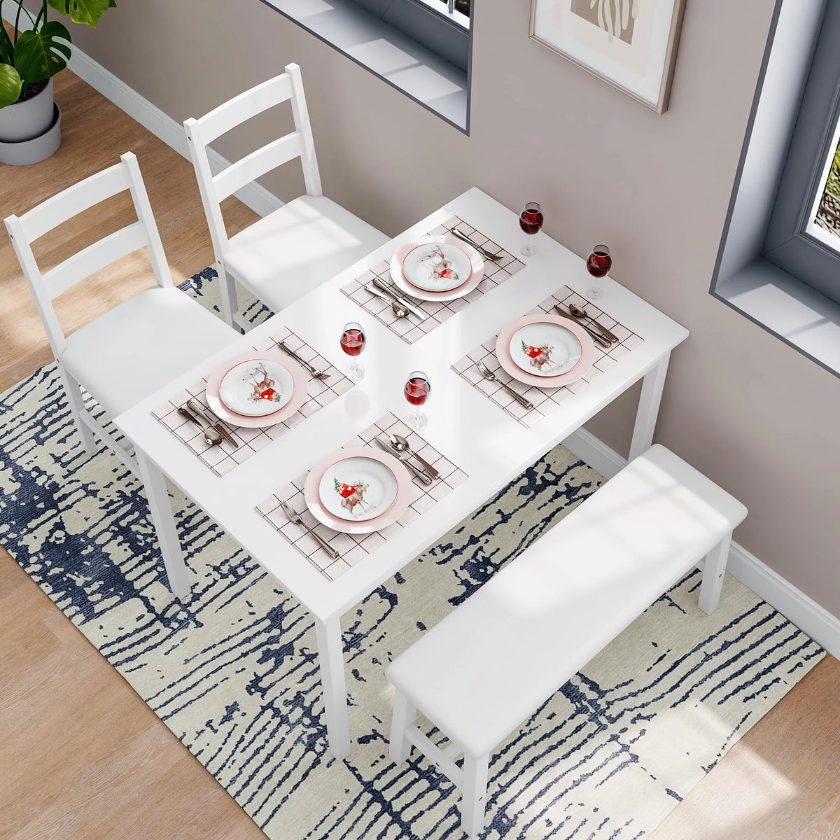 White 4 Piece Wood Dining Table Set with Chairs and Bench J97958