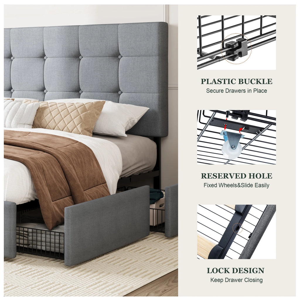 Queen Size Platform Bed Frame with Headboard and 4 Storage Drawers W861