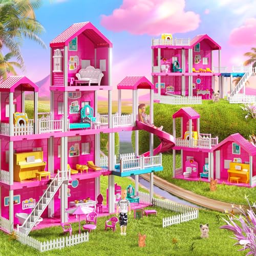 Pink 4-Story 10-Room Dollhouse Playset with 2 Dolls P377