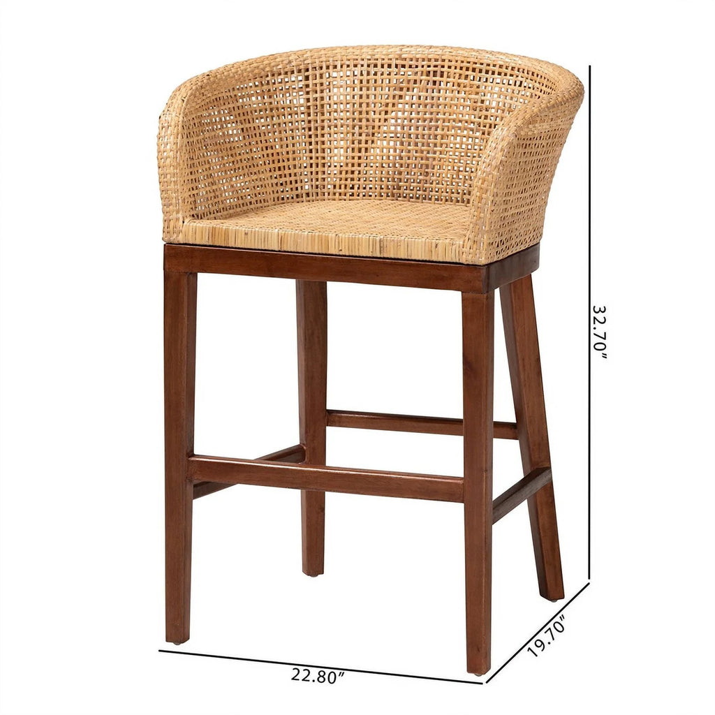 Natural Rattan and Walnut Brown Acacia Wood Counter Stool Q800
