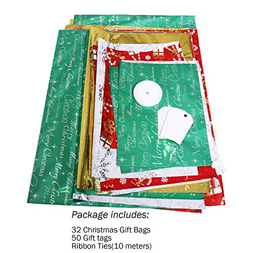 Christmas Gift Bags, 32Pcs Santa Wrapping Bag in 4 Sizes and 4 Designs with Ribbon Ties and Tags Y45130