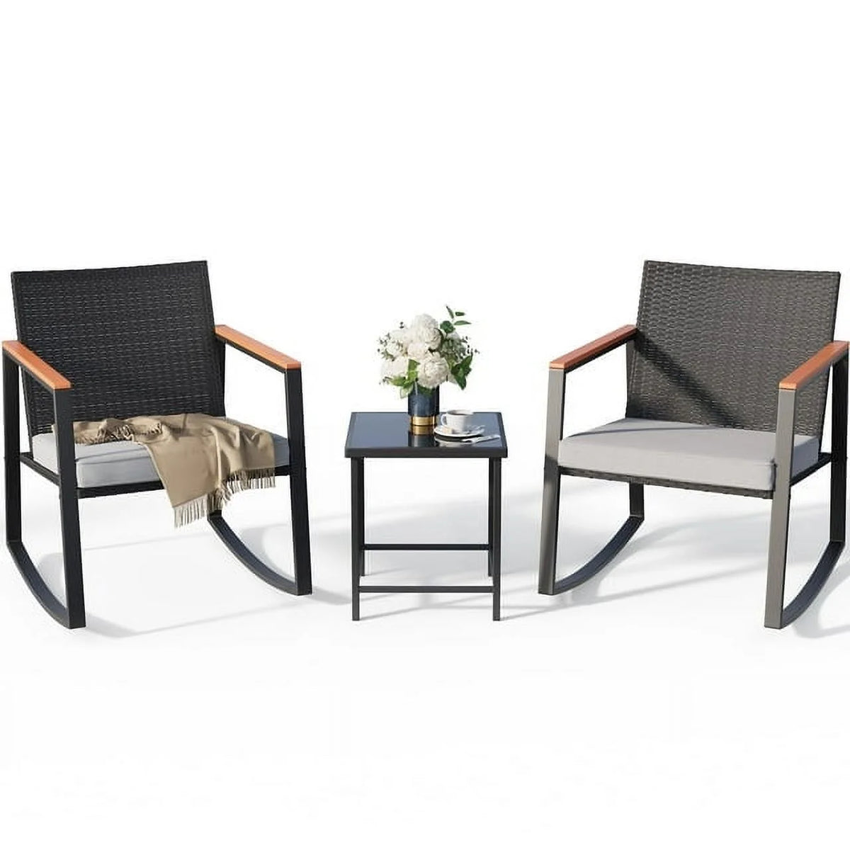 3 Pieces Patio Rocking Chairs Set with Glass Coffee Table T48977