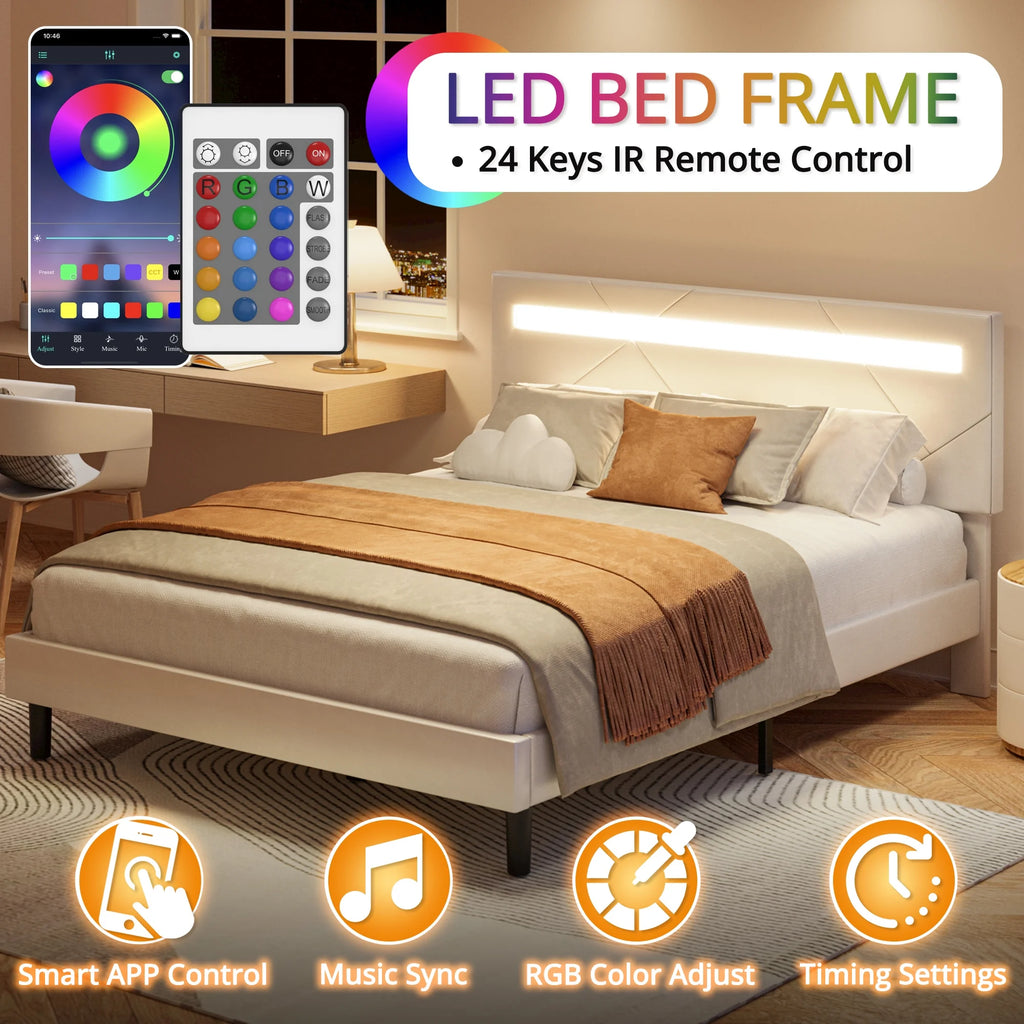 Twin Bed Frame with LED Lights and Adjustable Upholstered Headboard J14165