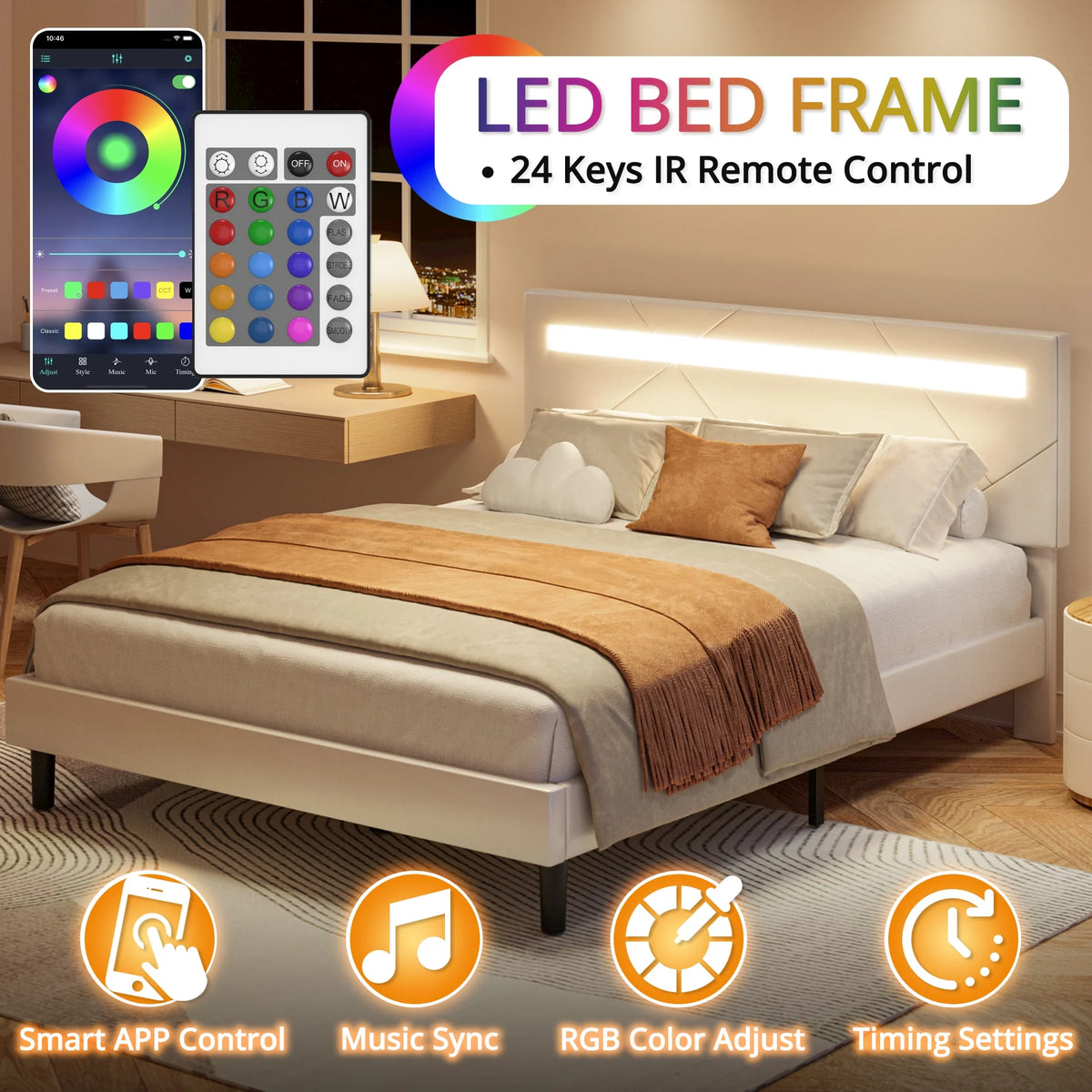 Twin Bed Frame with LED Lights and Adjustable Upholstered Headboard J14165