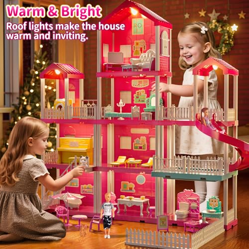 Pink 4-Story 10-Room Dollhouse Playset with 2 Dolls P377