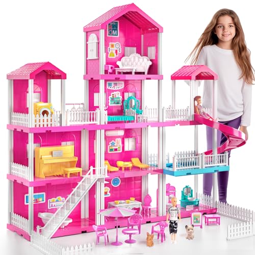Pink 4-Story 10-Room Dollhouse Playset with 2 Dolls P377
