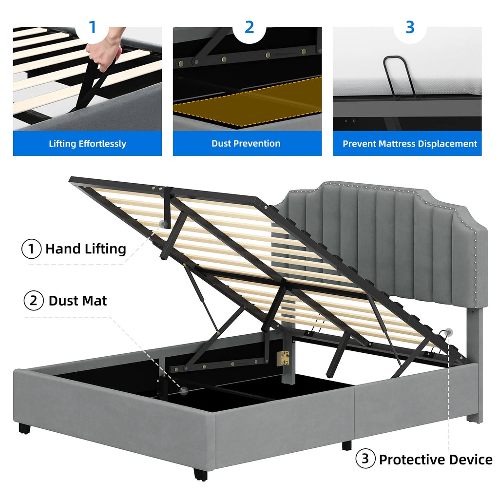 King Lift Up Storage Velvet Upholstered Platform Bed Frame E59453