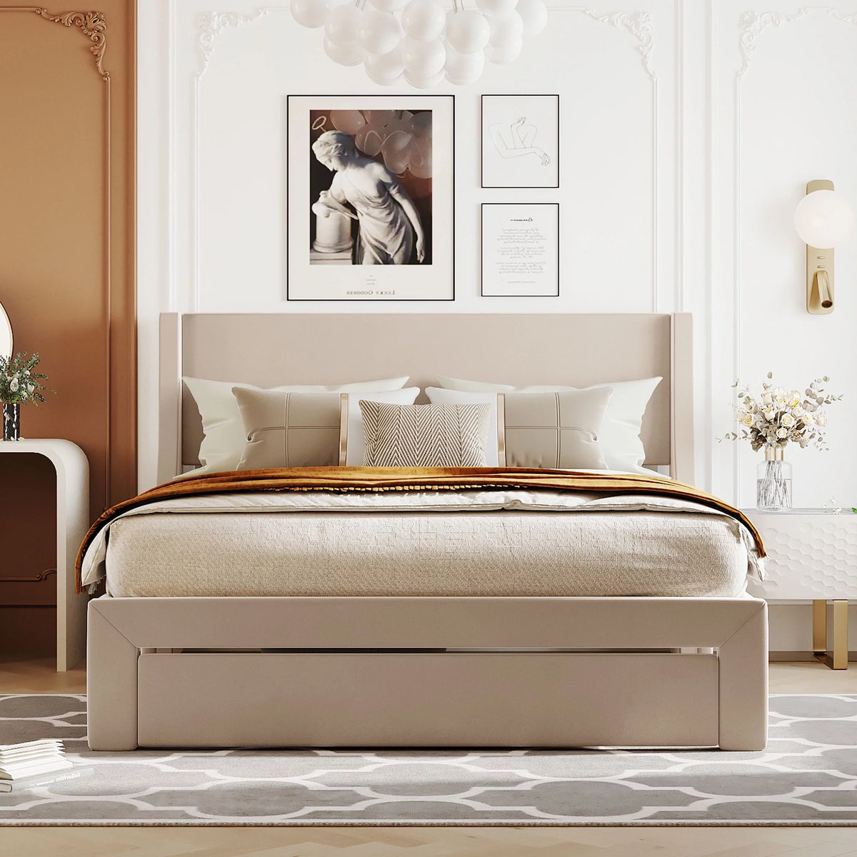 Queen Velvet Upholstered Platform Bed with Storage Drawer J242